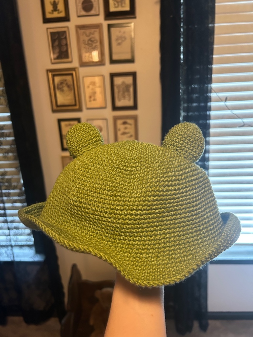 Handmade Crocheted Frog Bucket Hat - Green with Pink Cheeks - Picture 2 of 4